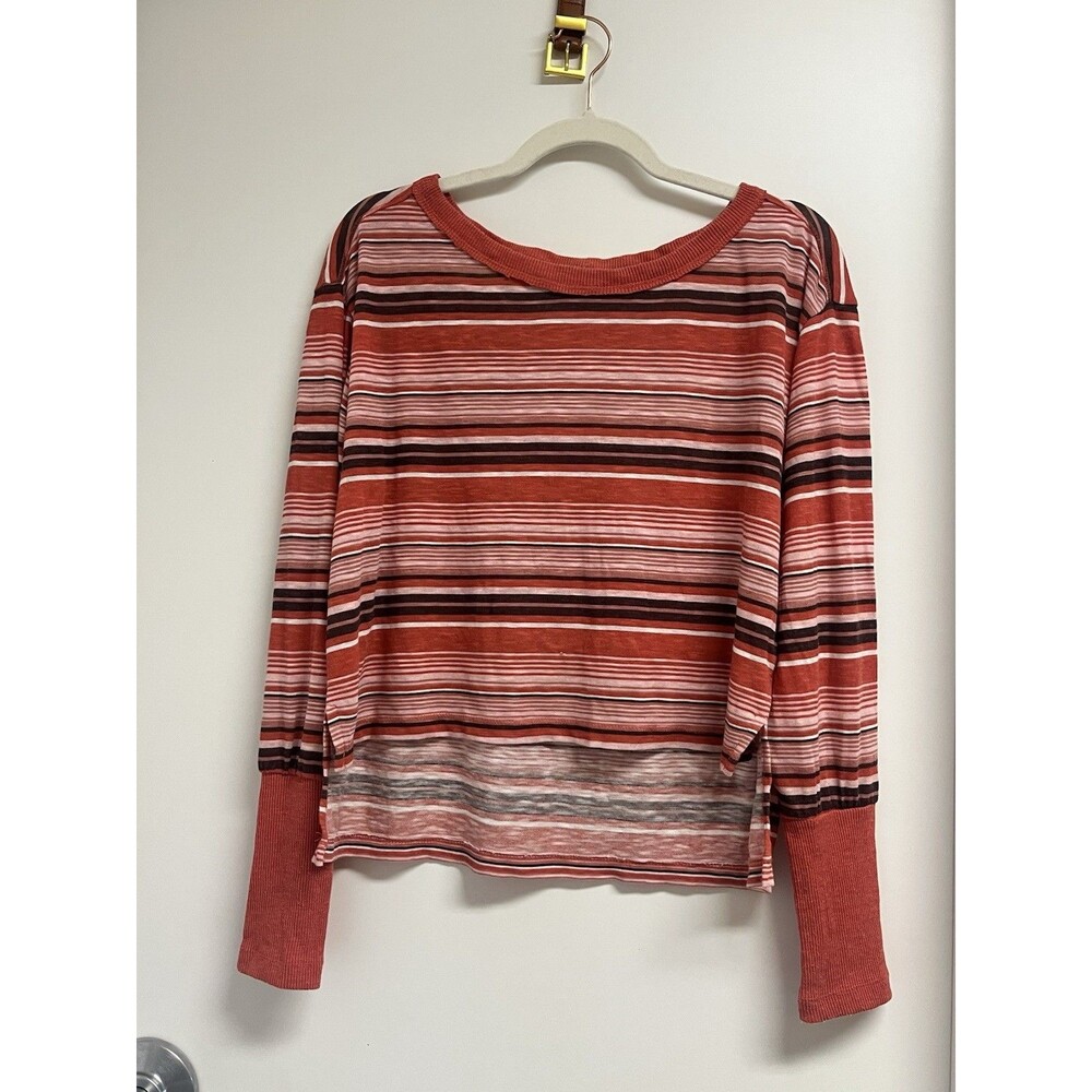 Pilcro Anthropologie Orange Stripe Crop Long Sleeve Crewneck Shirt Cotton Small
